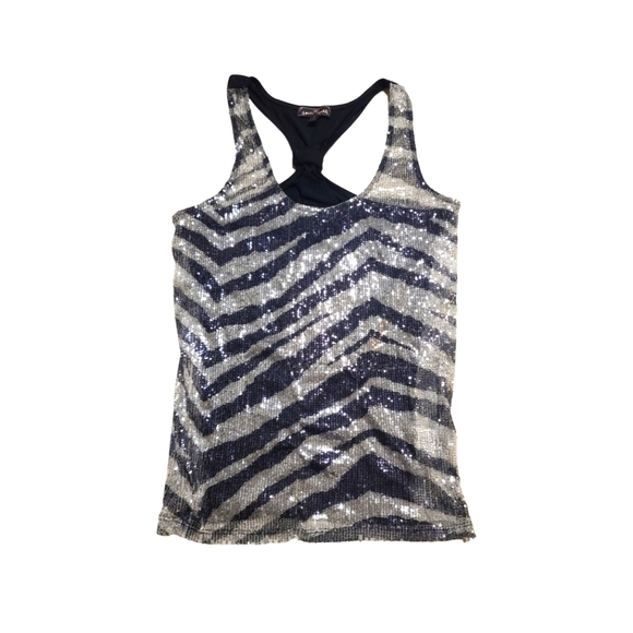 Almost Famous Black & White Tank Top with Silver Sequins Size L - Picture 2 of 7